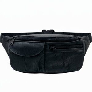 Classic Black Leather Multi-Pocket Fanny Pack / Waist Bag